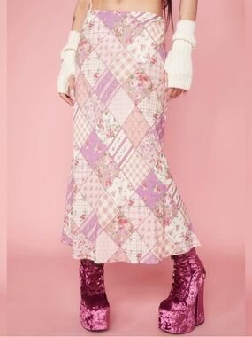 Patchwork Floral Midi Skirt in Pink and Lavender